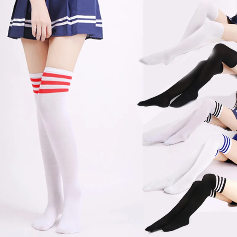 Носки женские хлопковые в полоску с тремя полосами до бедра|cotton stockings|high stockingsknee
