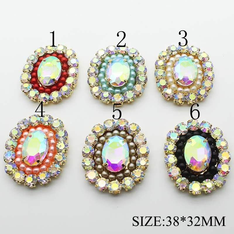 

Hot Sale 5 Pieces / batch 38*32 mm AB Rhinestone Folder Pearl Glass Alloy Button DIY Fashion Craft Decoration Button