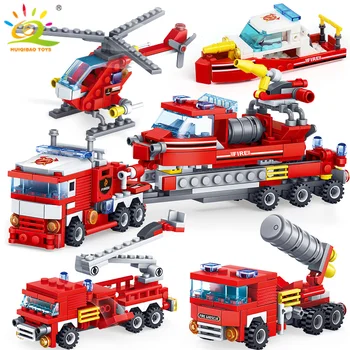 

HUIQIBAO 348pcs Fire Fighting 4in1 Trucks Car Helicopter Boat Building Blocks City Firefighter figures man Bricks children Toys