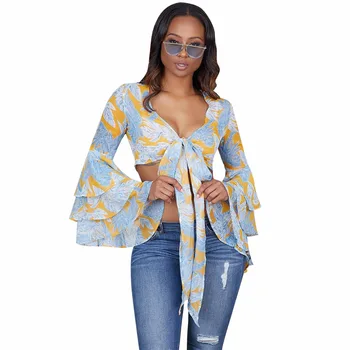 

Boho Blouses For Women Summer V Neck Ruffle Sleeve Short Print Bow Lace up Chiffon Boot Cut Blouse Top Plus Size blusas feminina