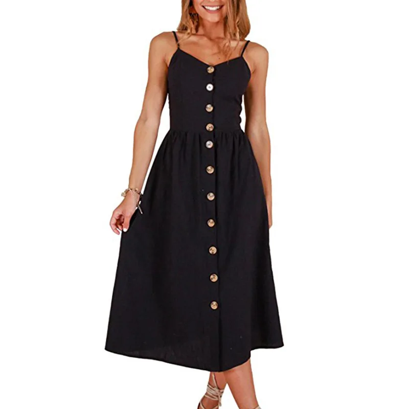 

Women Cotton Dress Vintage Black Red A Line Party Slim Knee Length Dress Plus Size Strap Buttons Backless Sexy Beach Dresses