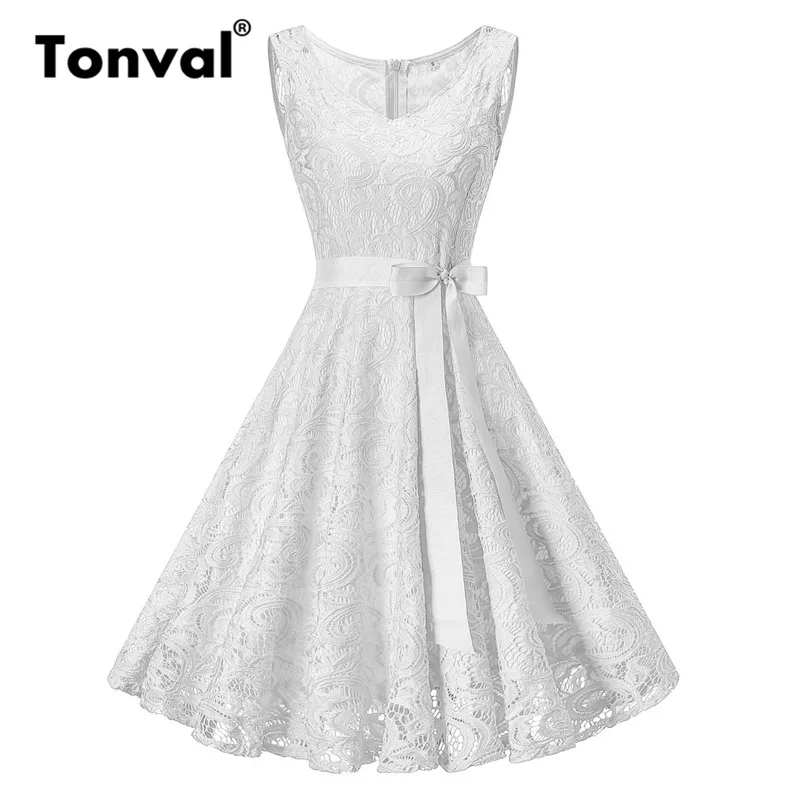 Tonval Plus Size 3XL Floral Lace Vintage Summer Dress Women White Retro Tunic Dresses A Line Party Elegant Dress