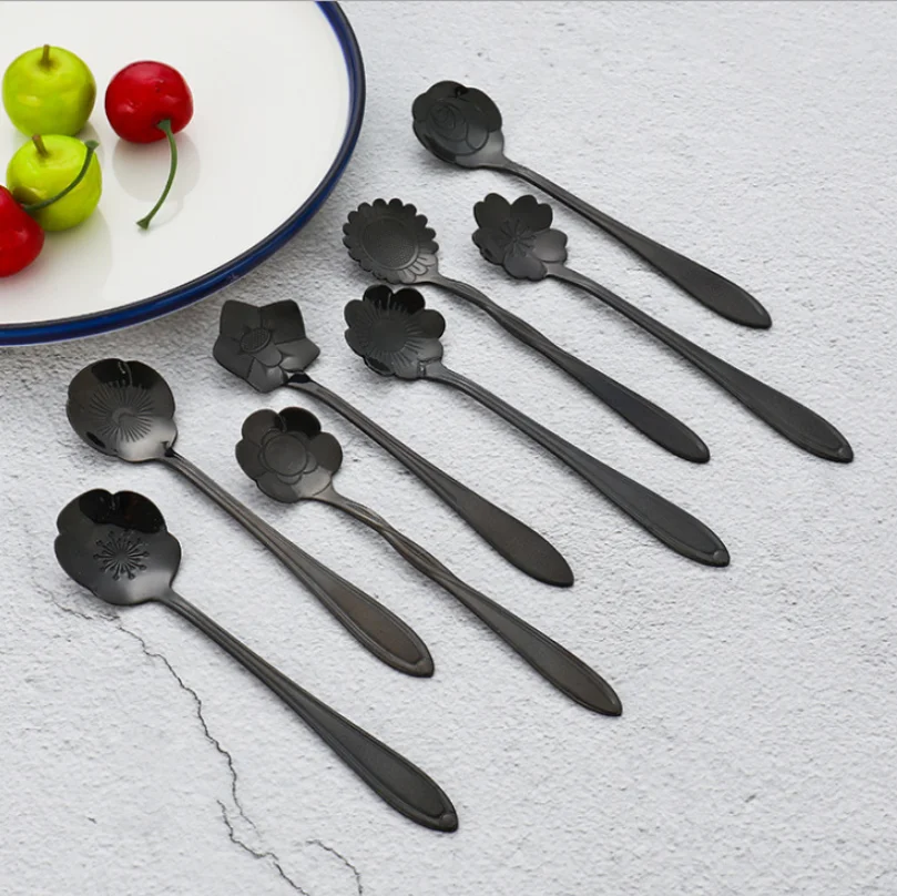 Tungsten Gold Japanese Flower Spoon Coffee Spoon Black Plating Stir Spoon Cherry Blossom Spoon