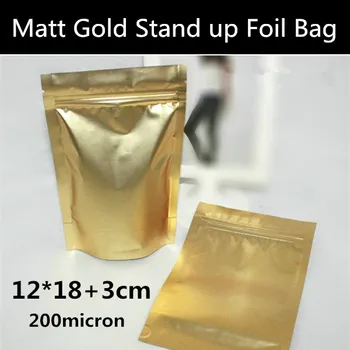 

100pcs/lot 12cm*18cm+3cm(Bottom) 200mic Gold Matte Aluminum Foil Mylar Bag Stand Up Zip Bag Cereals/Powder/Dry Food Bag