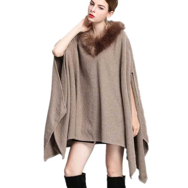 European Oversize Fake Fox Fur Collar Wool Cashmere Poncho Women Sweaters Capes Autumn Winter 