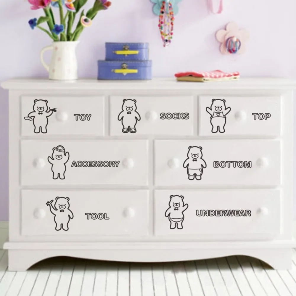 2017 Specials Grocery Retro Wood Furniture Drawer Storage Cabinets 7 Bear Home Storage Decor Wall Stickers Decal Sorting Clothing Bin Drawer Vinyl Art Sticker Living