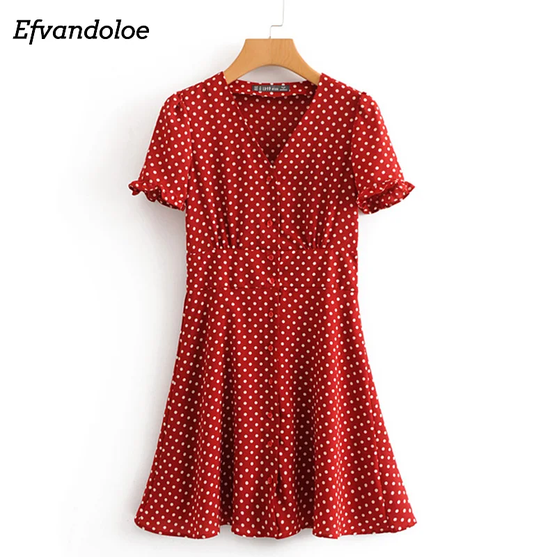 

Efvandoloe Elegant Short Party Dresses 2018 Korean Style Women Red Dot Chic Mini Beach Dress Club Evening Vestidos