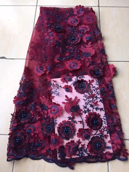 

2018 High Quality African Lace Fabric French Net Embroidery Beaded Tulle Lace Fabric For wine red blue Wedding Party Dress