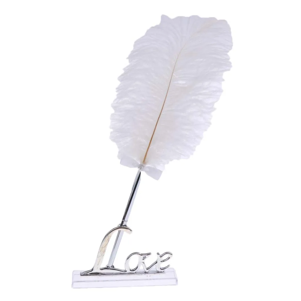 Wedding White Feather Quill Guest Book Signing Pen with Golden Love Holder