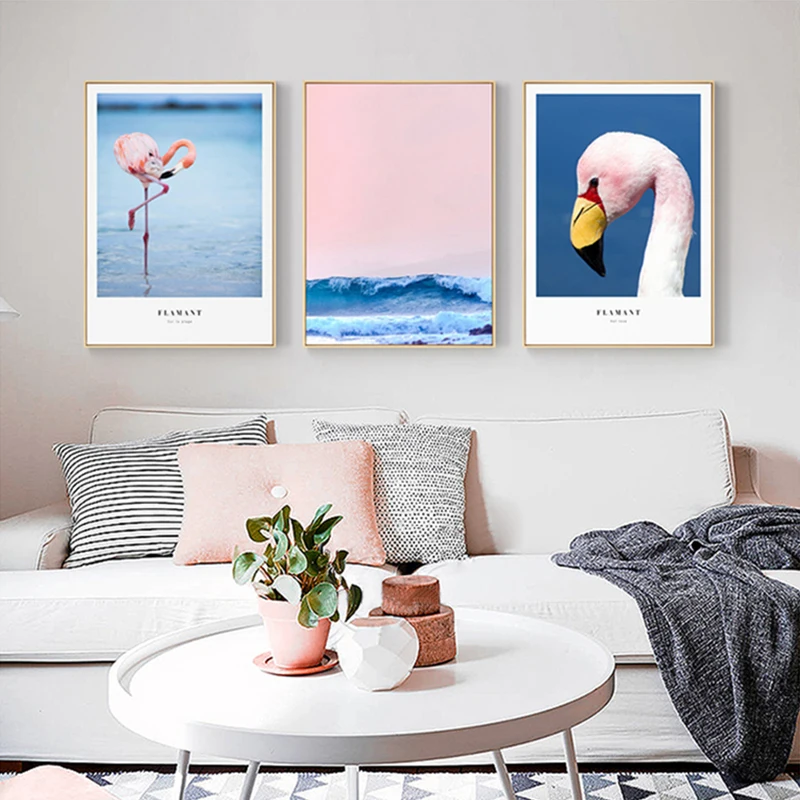 

Pink Flamingo Pineapple Wall Art Canvas Painting Sea Landscape Nordic Posters and Prints Wall Picture for Living Room Home Decor