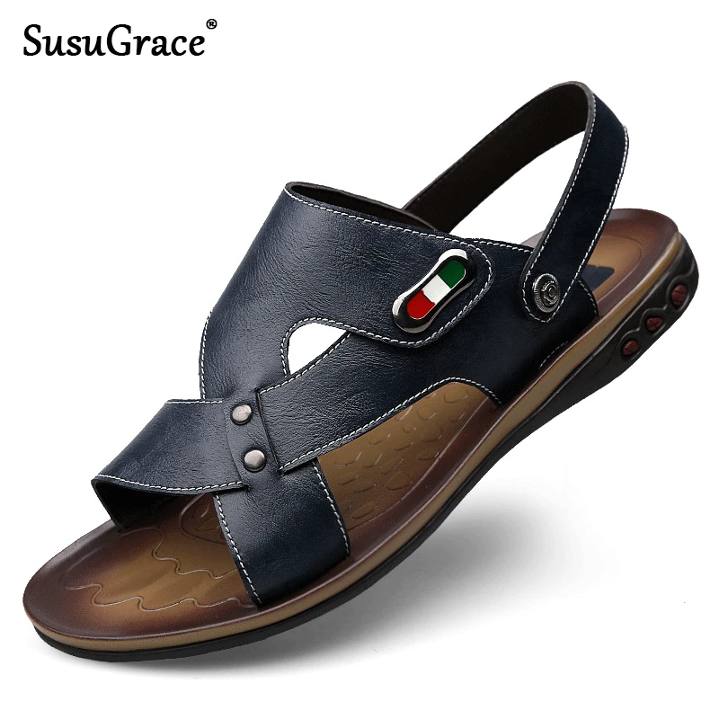

SusuGrace 2019 New High Quality Summer Men Sandals Real Leather NonSplit Soft Comfortable Men Shoes Fashion Men Casual Shoes