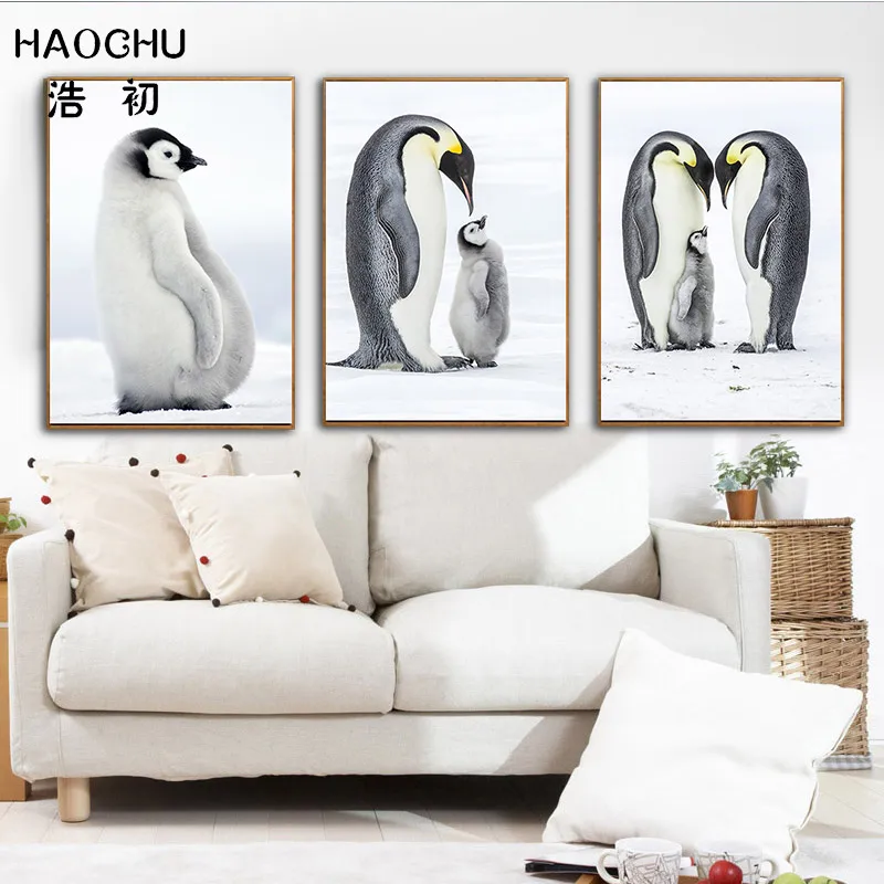 HAOCHU скандинавский милый питомец Пингвин семья трех картин на холсте Теплая