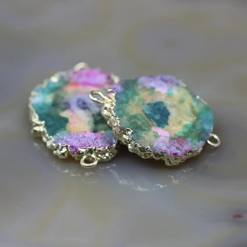 5Pcs/lot,Rainbow Color Solar Quartz Drusy Geode Slabs Gold Edges Connectors Charms,Raw Sun Flower Druzy Nugget Pendants Jewelry