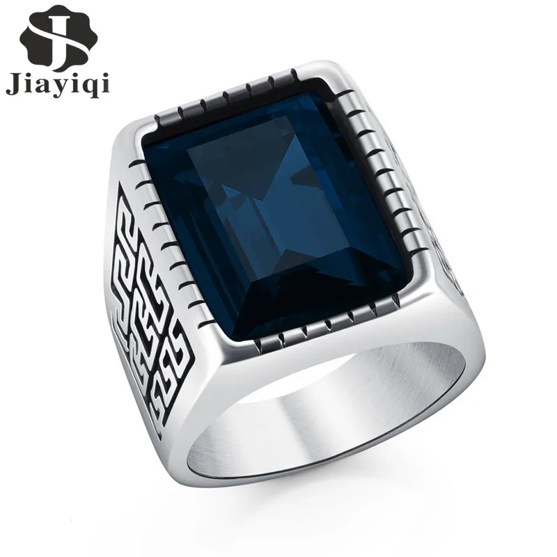 

Jiayiqi Male Stainless Steel Ring Blue/Red/Yellow/Green Stone Jewelry Ring for Men Wedding Cubic Zirconia Ring Wholesale