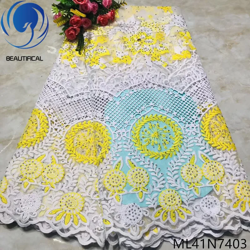 

Beautifical nigerian lace fabrics Fashion yellow/white exquisite embroidery french lace fabric 5yards Net lace for dress ML41N74