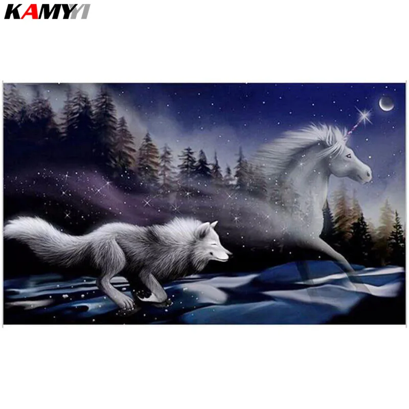

NEW 3D Diamond Painting Cross Stitch Night Wolf &Horse Run Crystal Needlework Diamond Embroidery Full Diamond Mosaic XY1