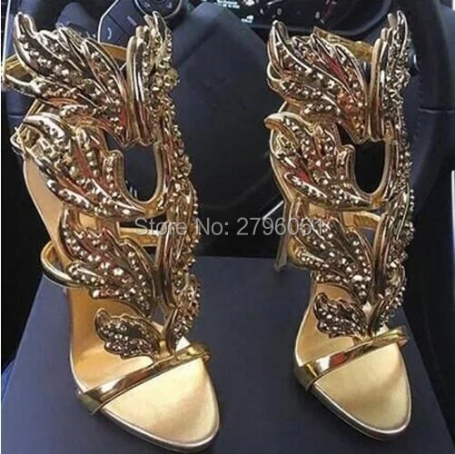 ФОТО Sexy Bling Crystal Drilled Angle Wings High Heel Sandals Shiny Leather Bridal Gold Plated Winged Gladiator Wedding Sandal Shoes