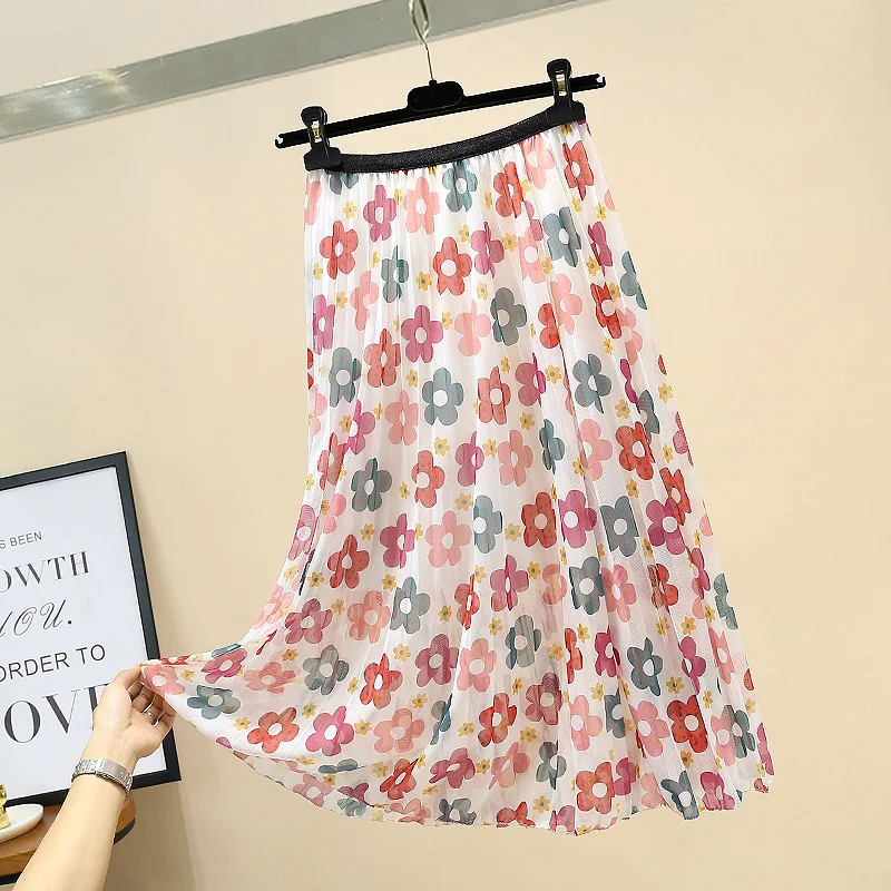 

2019 Summer Sweet Flower Print Midi Skirt Women High Waist Pleated Skirt Sunflower Holiday Chiffon Mid-Calf A-Line Skirts
