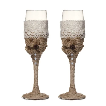 

2Pcs/Set Beautiful Burlap Wedding Wine Toasting Glasses Rustic Wedding Decor Champagne Glasses Gift Box For Wedding Decoration