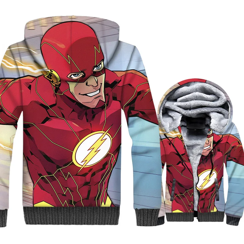 

The Flash Jacket Men Super Hero Hoodie Hooded Sweatshirt Winter Thick Fleece Warm Zipper 3D Print Coat Cool Streetwear Homme 5XL