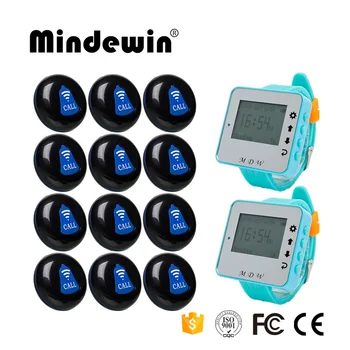 

Mindewin Wireless Waiter Call System Restaurant Buzzer System 12PCS Call Buttons M-K-1 and 2PCS Wrist Watch Pagers M-W-1