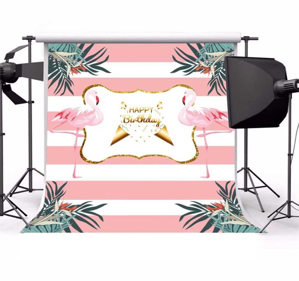 Laeacco Baby Party Flamingos Pink Stripes Leaves Photography Backgrounds Customized Photographic Backdrops For Photo Studio