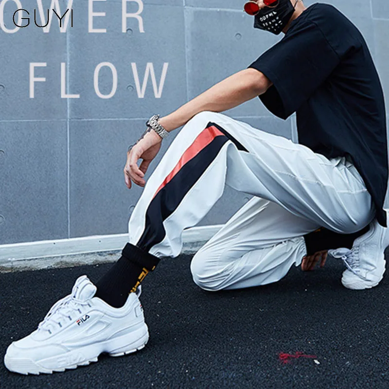 

GUYI White Side Stripe Patchwork Panelled Sport Pants Men Male Length Rib Ankle Waist Trousers Casual Streetwear Hip Hop Joggers