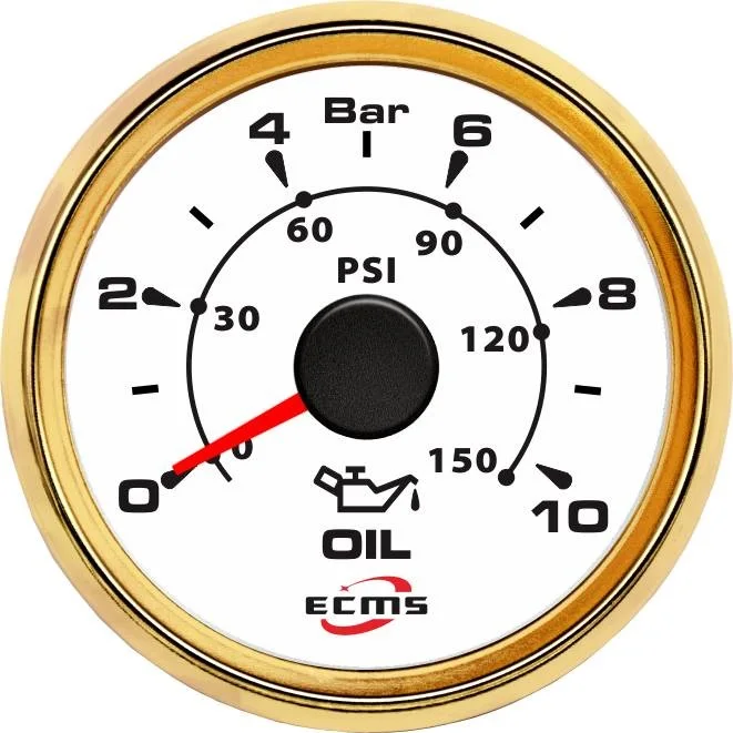 Marine Boat Yacht Automotive Pressure Gauge 0-10 Bar 9-32V 10-184 OHMS 52mm 2 Inch 316L Gold Bezel White Dial 802-00032