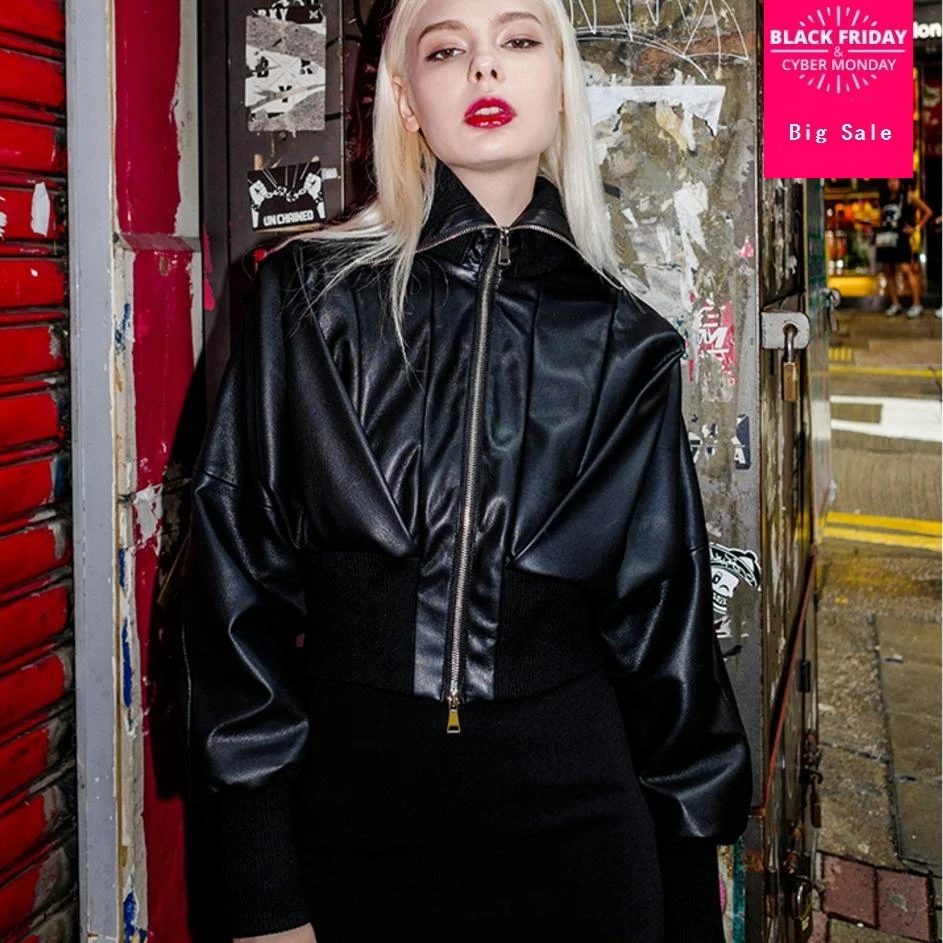Pu Court Femmes À Manteau Black Automne En Noir 2018 L1189 Veste Capuchon De Outwear Slim Mince Était Nouvelle Cuir wqpg6O7fx