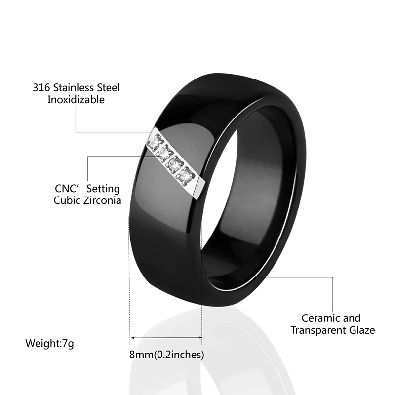 Новое керамическое кольцо с черным и белым кристаллом шириной 8 мм для женщин, классическое обручальное кольцо с кубическим цирконием, модное ювелирное изделие для помолвки