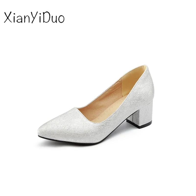 

Xianyiduo Spring/Aut Women's Shoes Pointed Toe Med heels Pumps big size34-48 Shallow Silver Light blue Pink/k16