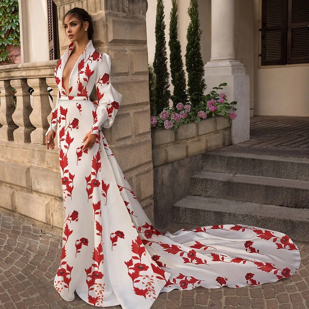

Printed Fashion Bohemian Maxi Dresses for Women V Neck Long Sleeve Summer Beach Dresses White A-Line Vestidos
