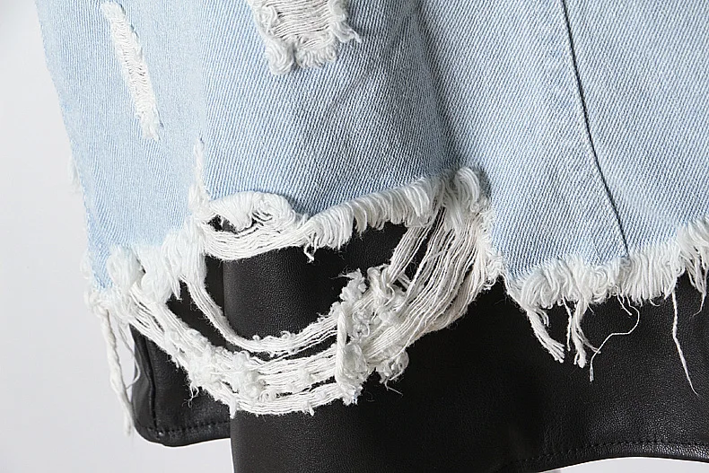 Hongsonghan Women Summer Solid Casual High Waist PU spliced Hole Denim Skirts High Street Pockets Button All-matched Jeans Skirt