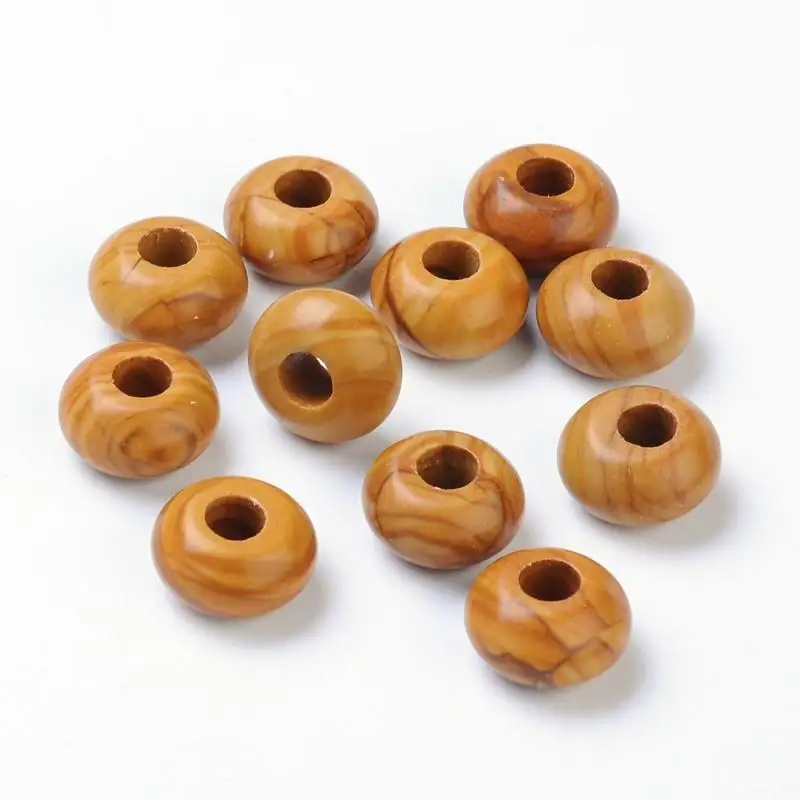 

14x8mm Polishing Natural Wood Lace Stone European Beads for Large Hole Beads Rondelle No Metal Core Deep Wood Color, hole: 5mm