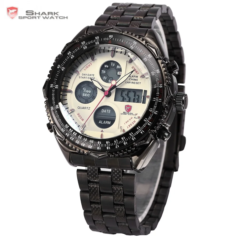 Eightgill Shark Sport Watch Dual Time Digital White Analog Black Stainless Steel Strap Chronograph Quartz Men's Timepiece /SH114