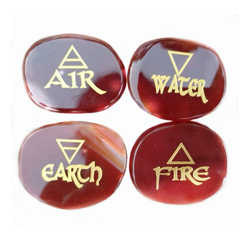 

Meet Jo 4pcs Carnelian Red Agate Stones Engraved Earth Water Fire Air Element Symbols Set Palm Stones and Crystals with Pouch
