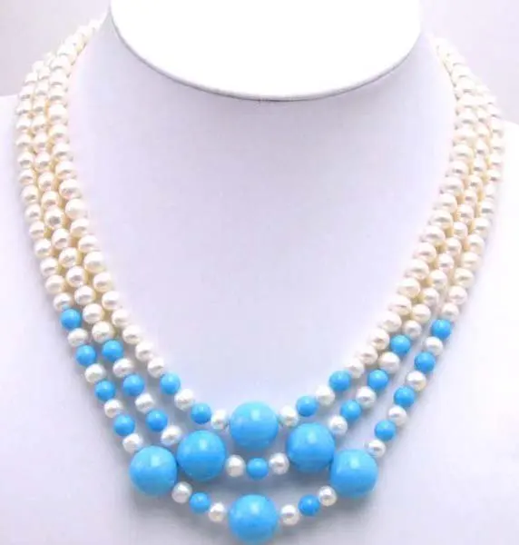 

Luxuriant! 3 Strands white freshwater Pearl neckalce with Big Blue Stone-5244