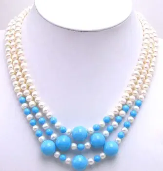 

Luxuriant! 3 Strands white freshwater Pearl neckalce with Big Blue Stone-5244