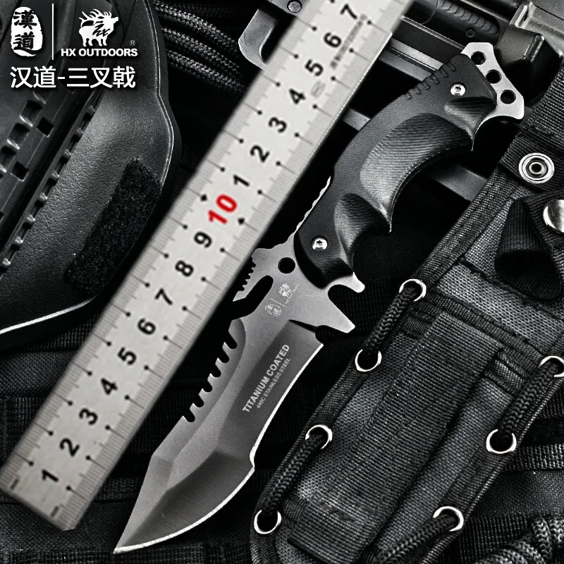 

HX OUTDOORS Tactical Knife 440C Blade K10 Handle Camping Hunting Knives With Sheath Plated Titanium Outdoor Survival Knives