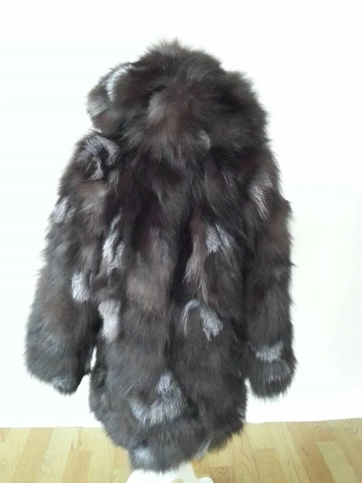 Натуральное пальто из меха серебристой лисы с капюшоном, женское длинное качественное пальто из меха лисы, зимняя куртка из натурального меха лисы, F599A