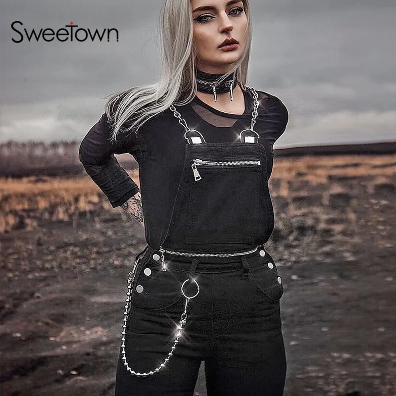 Sweetown, стимпанк, готический, уличная одежда, комбинезон для женщин, цепь черного металла, пэчворк, открытая спина, хлопок, с отверстиями, комбинезон для женщин, s, комбинезон