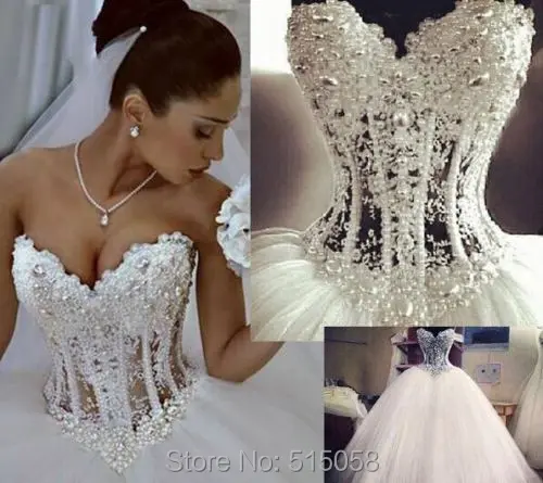 Gorgeous Pearl Beaded Lace Sweetheart See Through Corset Wedding Dresses Ball Gowns 2017 White