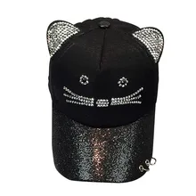 Для женщин Симпатичные Кепки лето кошка уха блесток кольцо Бейсбол Кепки девочек смешанный хлопок Хип-Хоп плоская шляпа в черный, розовый небо сине-белые
