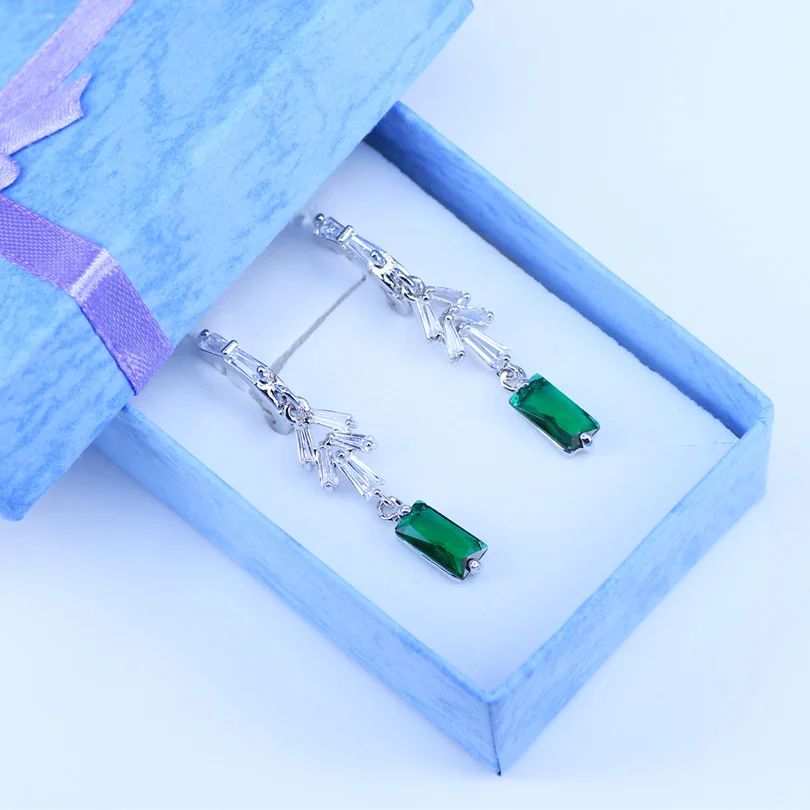 Прекрасный квадратный CZ камень и зеленый кристалл браслеты серьги кольцо Набор Мода Серебряный цвет ювелирные изделия для женщин