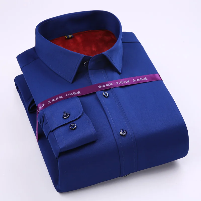 Meilleur Hommes Solide de Plus De Velours Épais Chaud Tops Chemise D hiver Mâle À Manches Longues Chic et Décontracté Standard fit Confortable Stretch robe Chemises