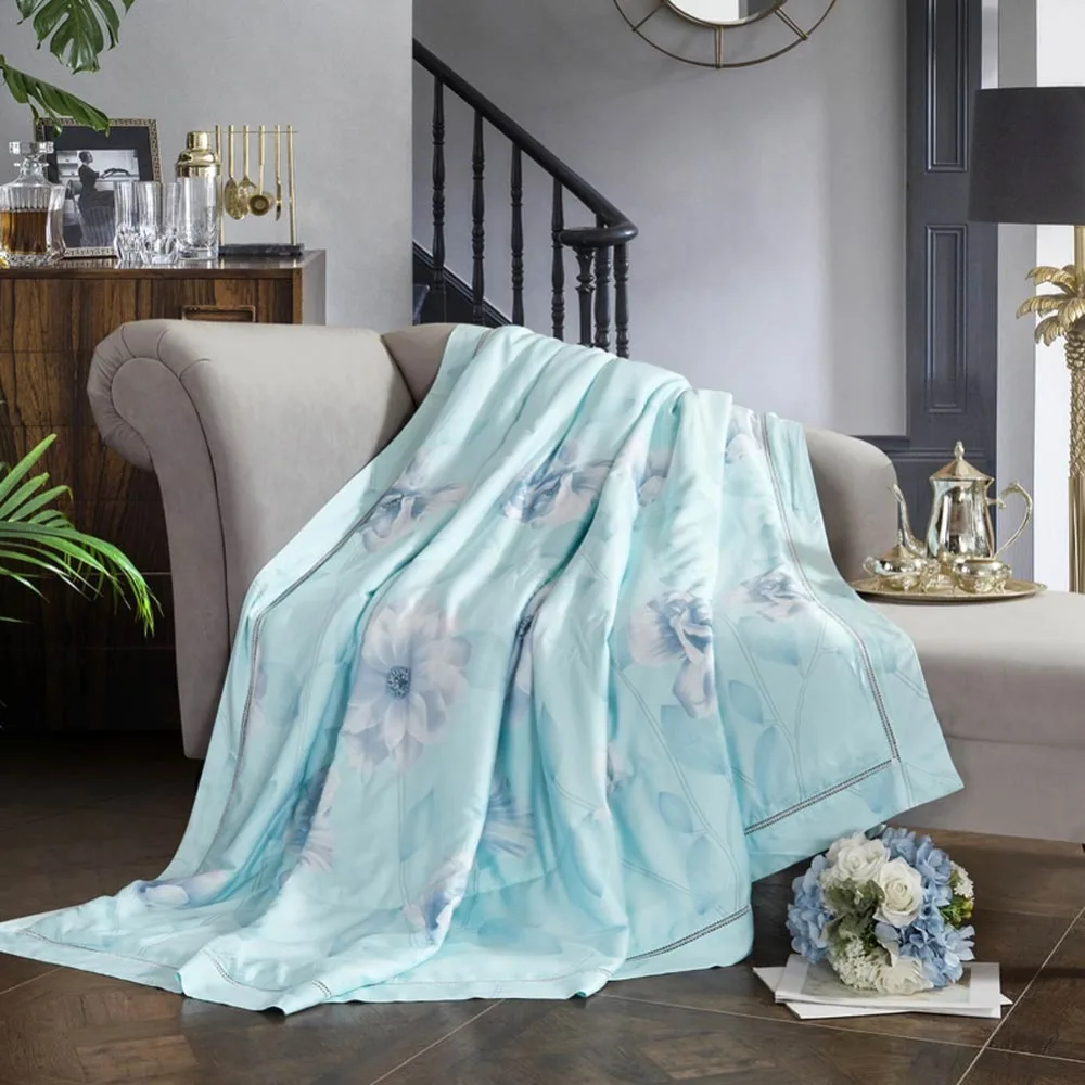 

2019 Flowers Leaves Blue Green Quilting Quilt Soft Stitching Modal Artificial Silk Polyester Filler Queen King Summer Comforter