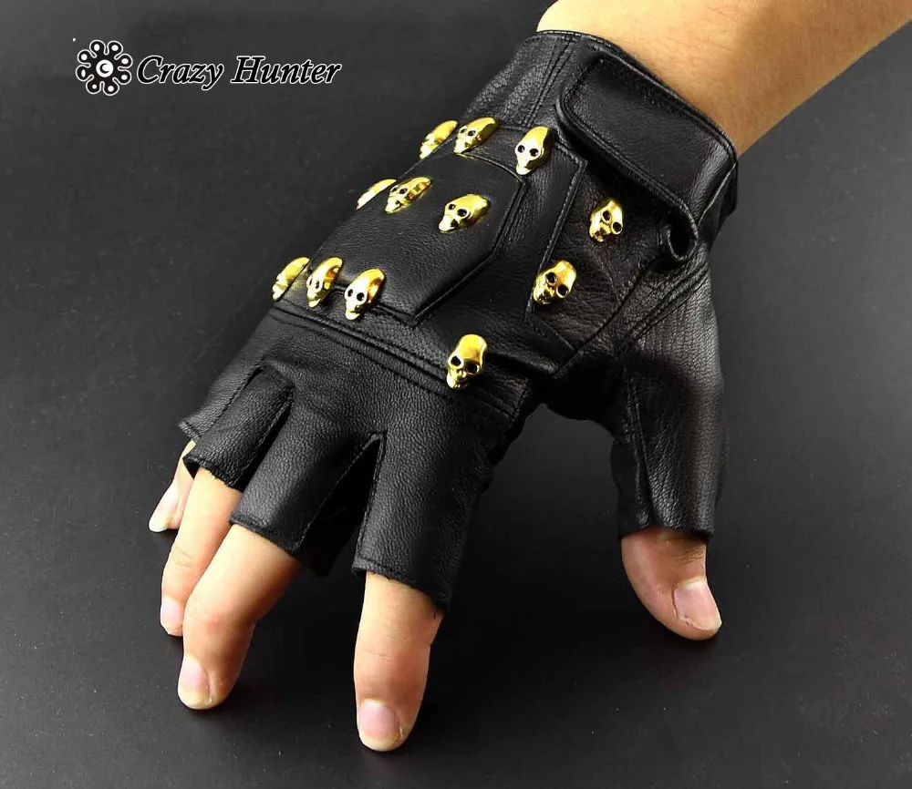 Gold Skull Studded Punk Rocker Real Leather Fingerless Glovesin Men's