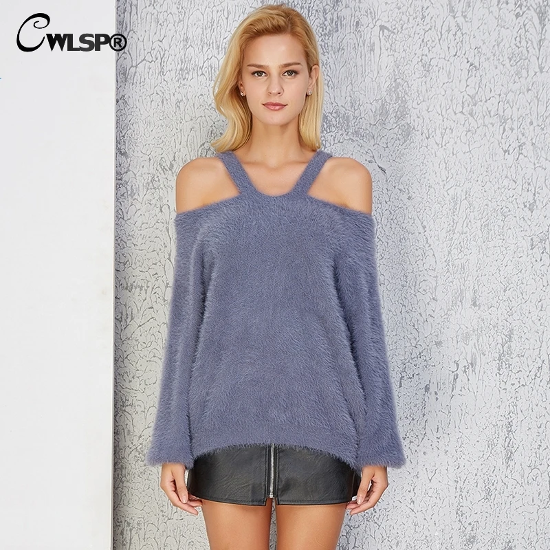 CWLSP 2018 Autumn Winter Solid Knitted Furry Sweater For Women Off Shoulder Long Sleeve Pullovers Female Sweaters Clothes QZ3062