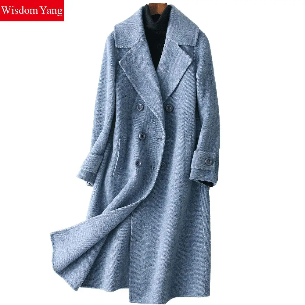 Elegant Women Pink Blue Sheep Wool Coats Trench Woman