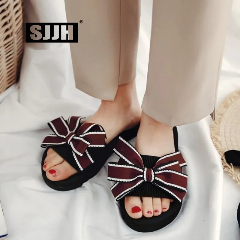 

SJJH Women Sweet Slippers Fabric Butterfly-knot Outdoor Flats Soft Footwear Platform Sandals Cute Slides Casual Shoes A1413